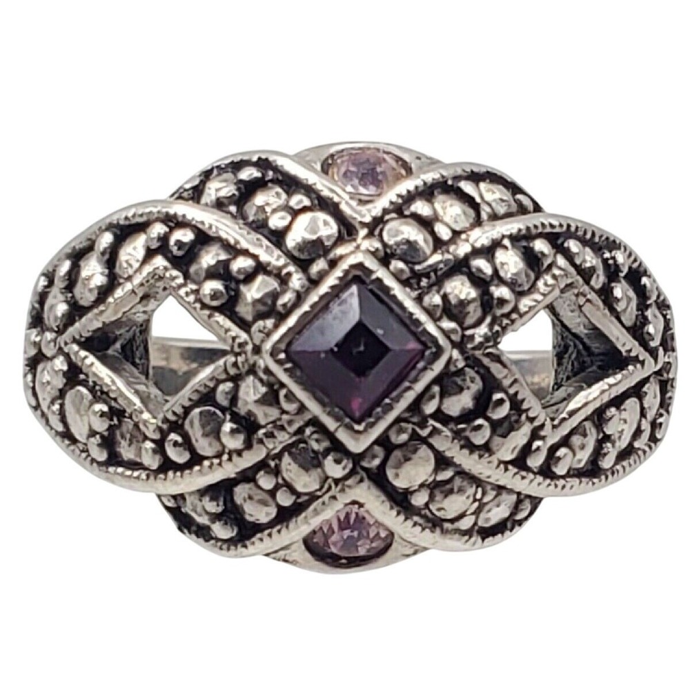 Avon Silver Tone Ring Purple Pink Glass Faux Marcasite Statement Cocktail Sz 8.5